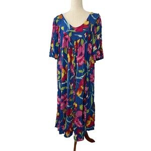 Vintage Floral Short Sleeve Muumuu Hawaiian Maxi Dress Nightgown One Size